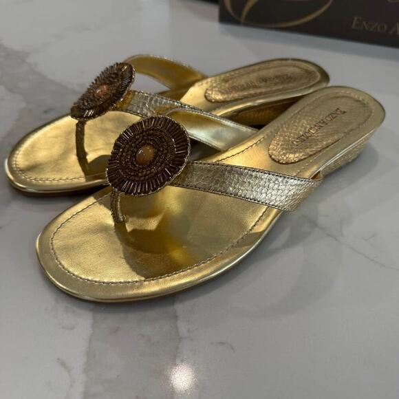 Enzo Angiolini Eanetta Sandals Women's 8 Stacked Wedge Heel Jeweled Beaded Gold - Picture 2 of 10